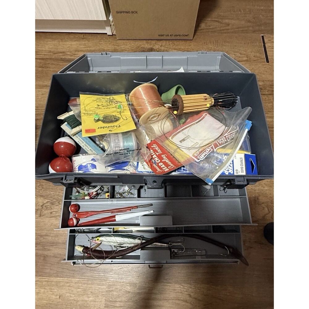 Vintage Plano# 5757 Fishing Tackle Box 4 Drawer with Tackle & Vintage Lures